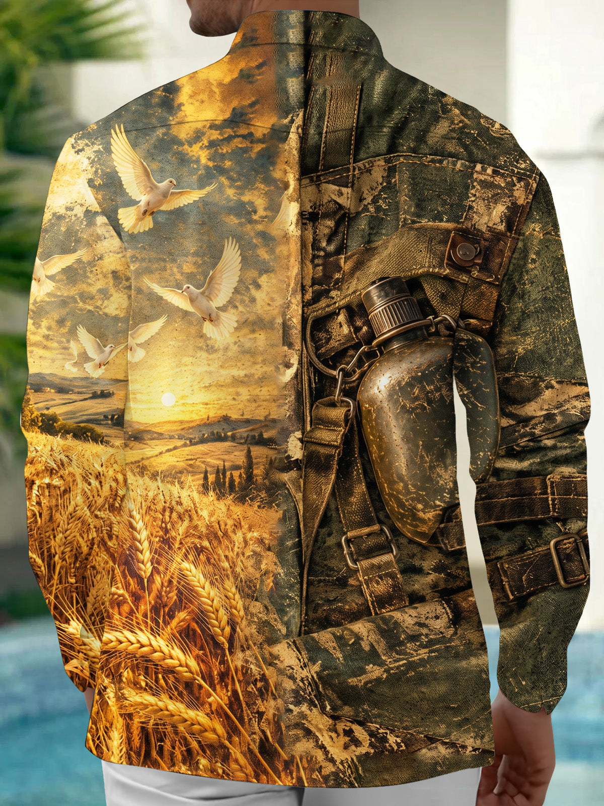 The "Home from the War" Oceanlyte Men's Long Sleeve Shirt - Vintage Canteen And Flying Doves Over Wheat Field Print with Chest Pocket
