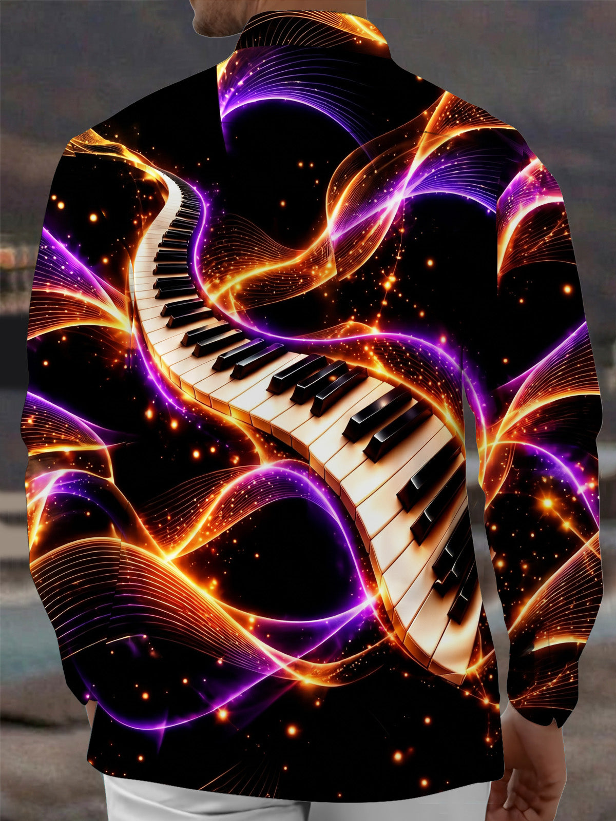 Oceanlyte Men's Abstract Piano Keys And Neon Light Waves Print Long Sleeve Shirt with Chest Pocket