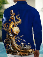 Oceanlyte Men's Vintage Style Golden Sitar Print Long Sleeve Shirt with Chest Pocket