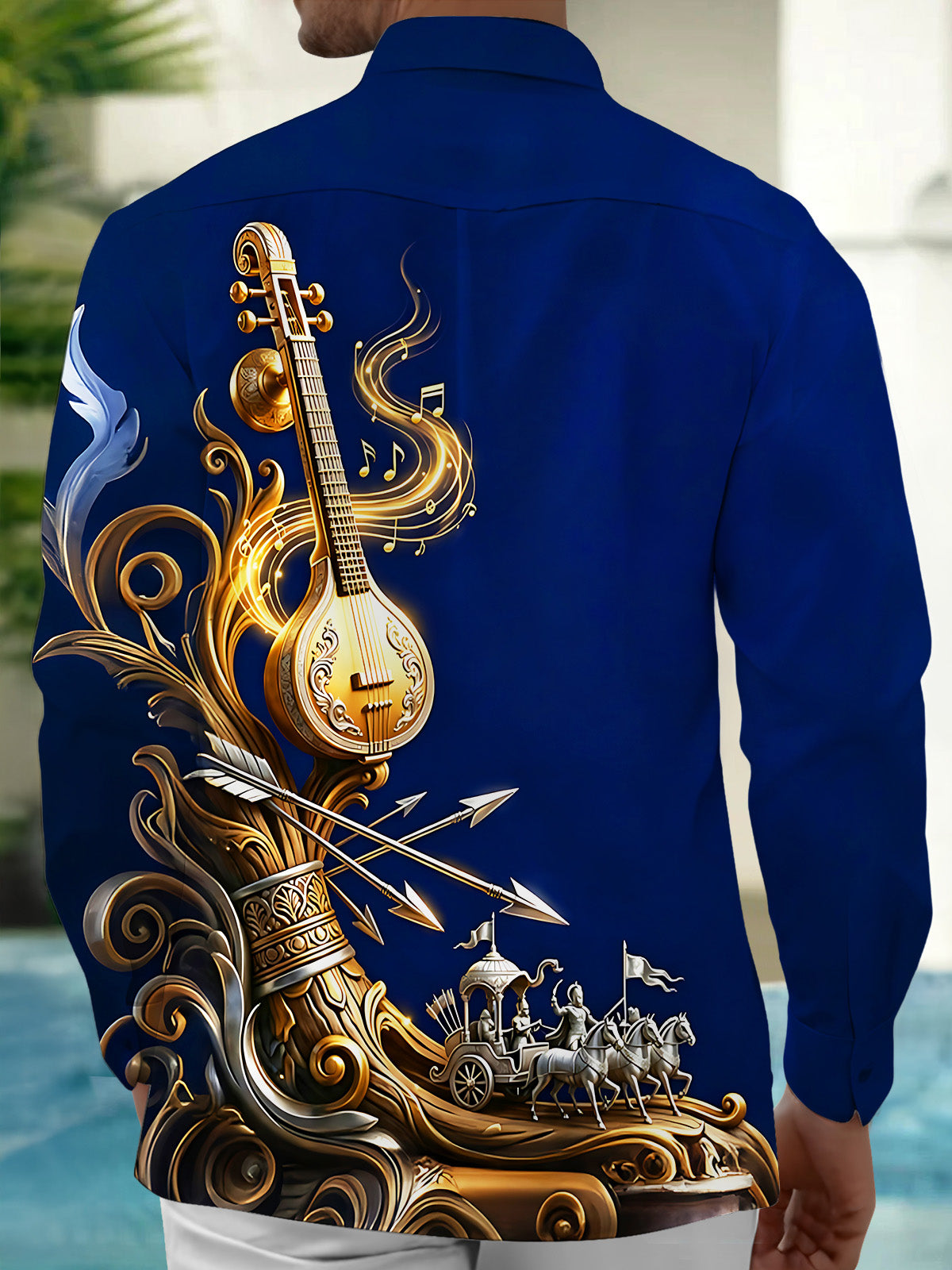 Oceanlyte Men's Vintage Style Golden Sitar Print Long Sleeve Shirt with Chest Pocket