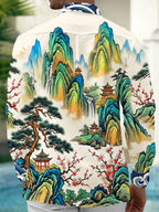 Oceanlyte Men's Long Sleeve Shirt - Asian Landscape With Mountains And Waterfalls Print with Chest Pocket