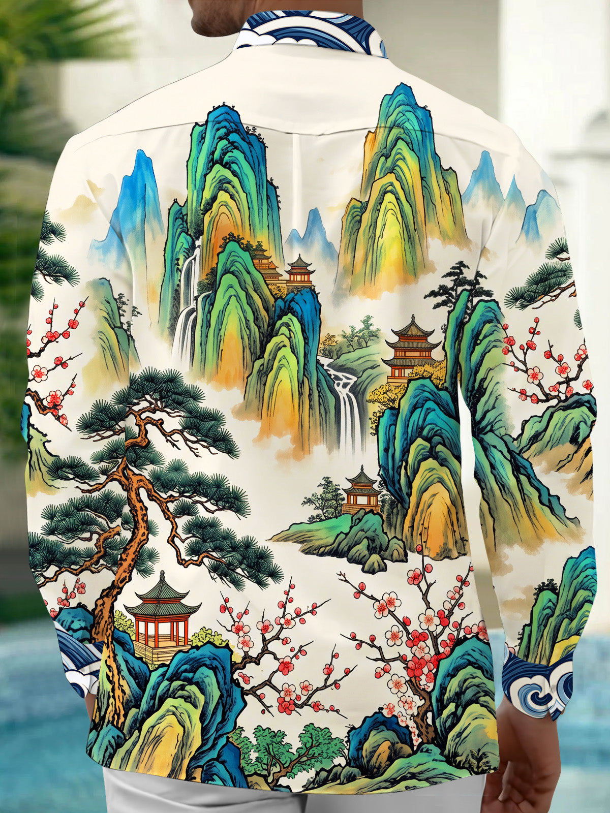 Oceanlyte Men's Long Sleeve Shirt - Asian Landscape With Mountains And Waterfalls Print with Chest Pocket