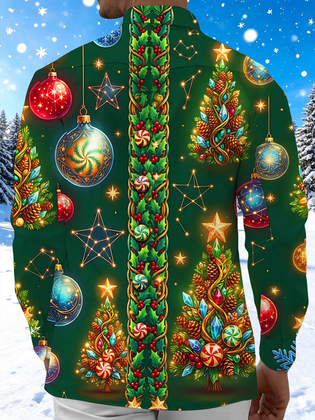 Oceanlyte Men's Graphic Christmas Trees And Ornaments Print Long Sleeve Shirt with Chest Pocket