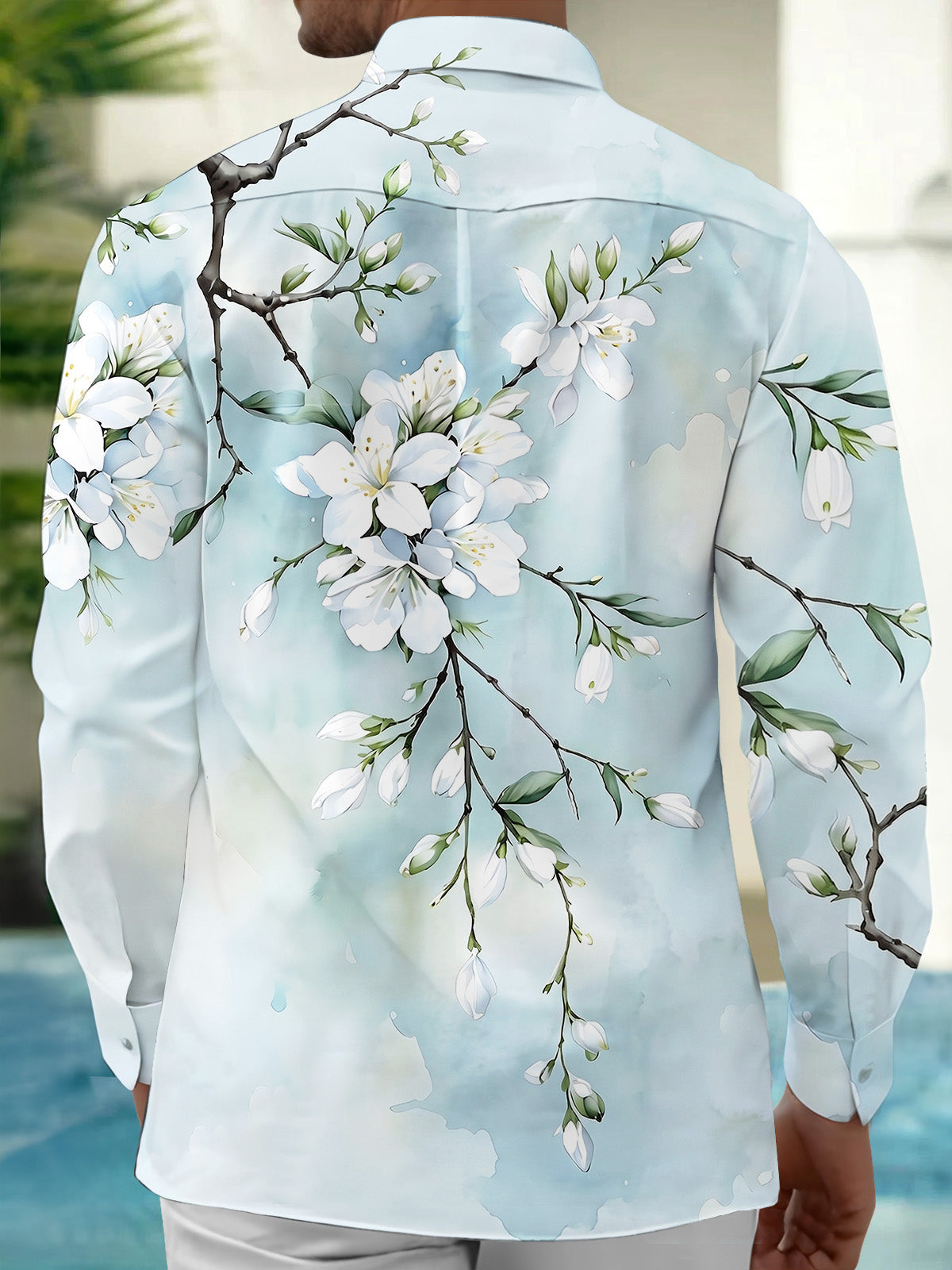 Oceanlyte Men's Floral White Blossom Branch Print Long Sleeve Shirt with Chest Pocket