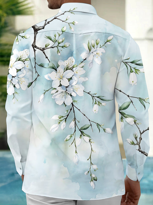 Oceanlyte Men's Floral White Blossom Branch Print Long Sleeve Shirt with Chest Pocket