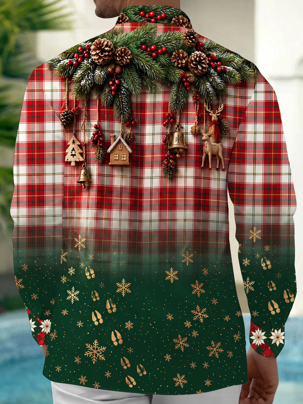 Oceanlyte Men's Long Sleeve Shirt - Christmas Plaid With Pine Branches And Ornaments Print with Chest Pocket
