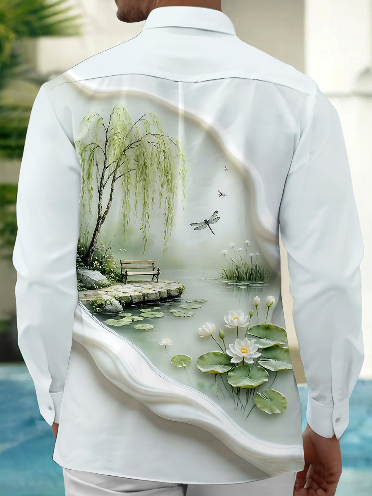 Oceanlyte Men's Printed Lotus Pond Landscape Print Long Sleeve Shirt with Chest Pocket