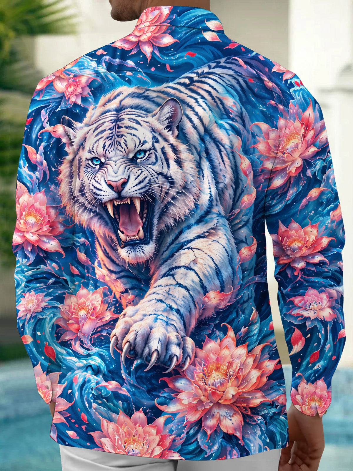 Oceanlyte Men's Hawaiian White Tiger And Floral Pattern Long Sleeve Shirt with Chest Pocket