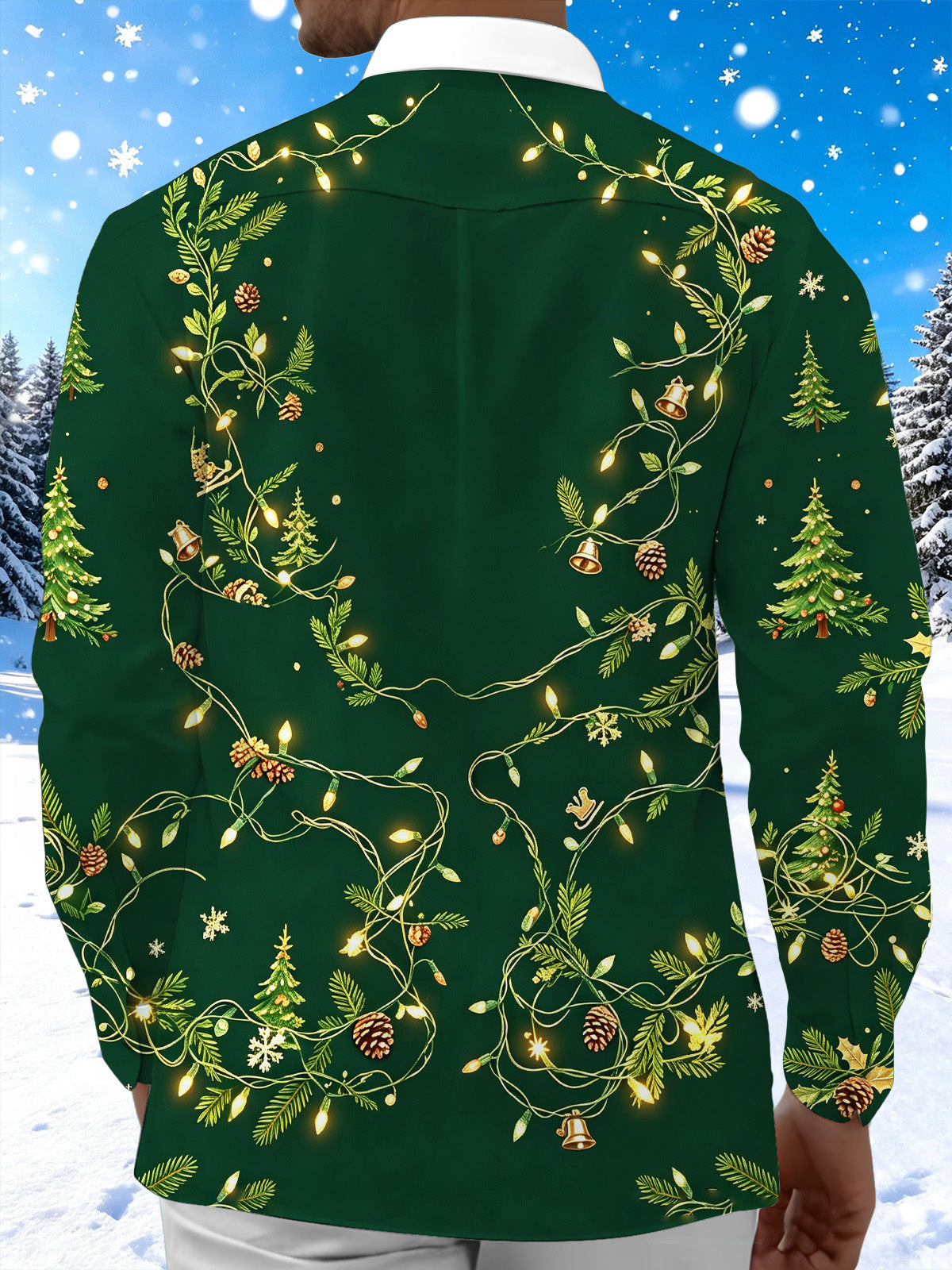 Oceanlyte Men's Christmas Light Strings And Pine Cones Print Long Sleeve Shirt with Chest Pocket