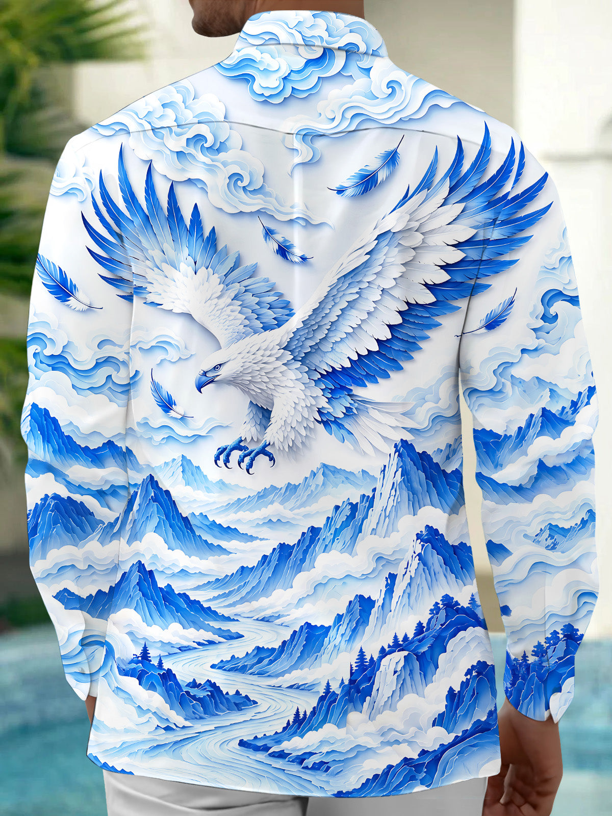 Oceanlyte Men's Graphic Eagle With Wings And Mountains Print Long Sleeve Shirt with Chest Pocket