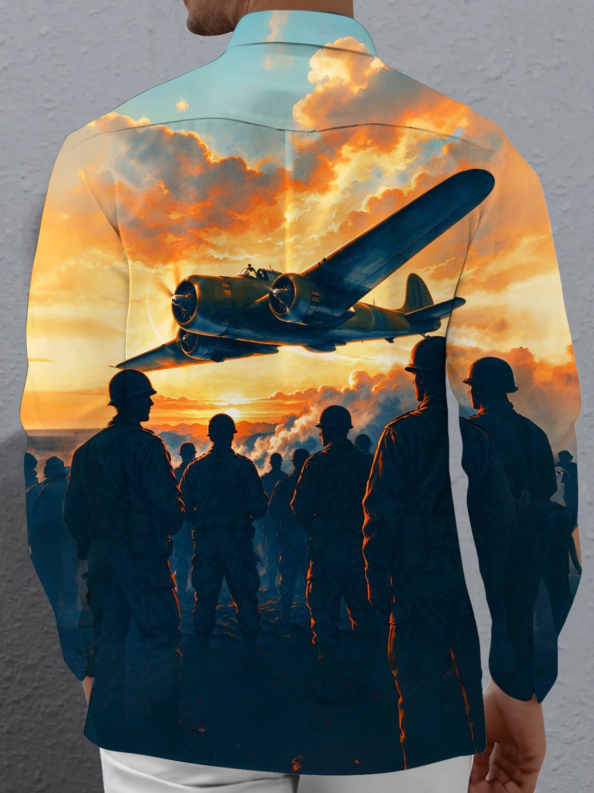 Oceanlyte Men's Long Sleeve Shirt - The "Twilight Squadron" Vintage Warplane And Soldier Silhouettes Print with Chest Pocket