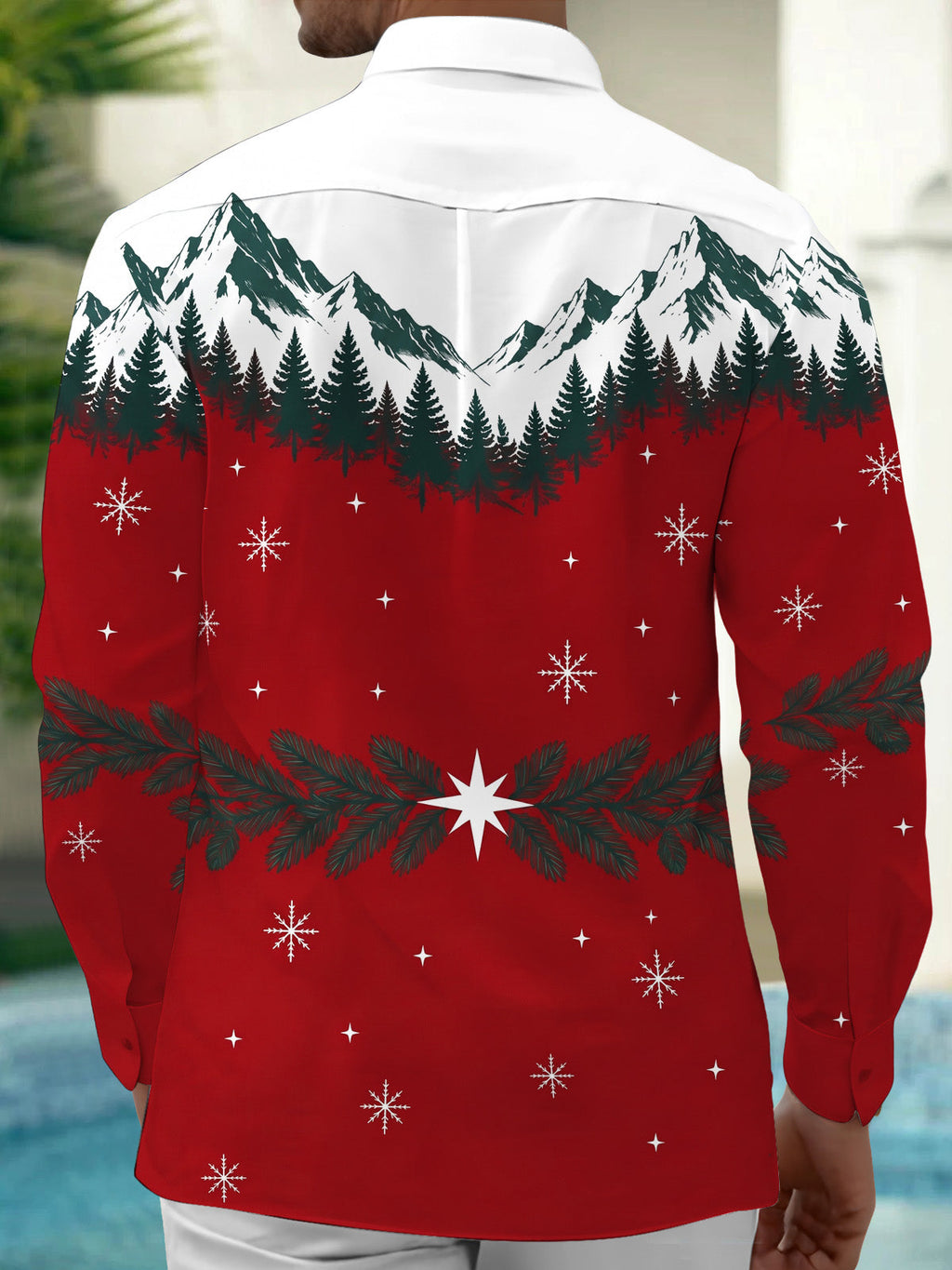 Oceanlyte Men's Printed Snowy Mountains And Pine Forest Print Long Sleeve Shirt with Chest Pocket