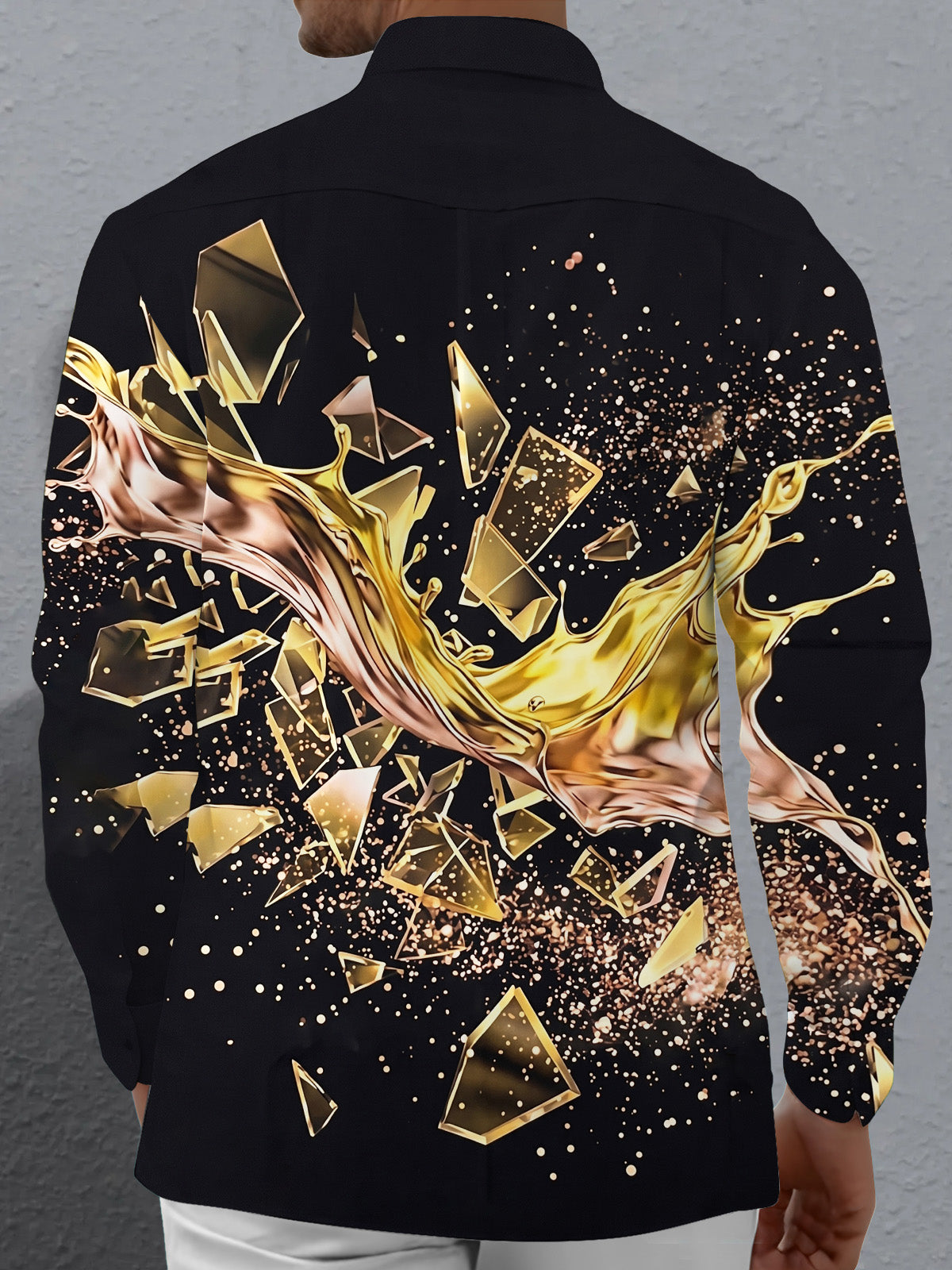 Oceanlyte Men's 3D 3D Gold Liquid Splash Print Long Sleeve Shirt with Chest Pocket