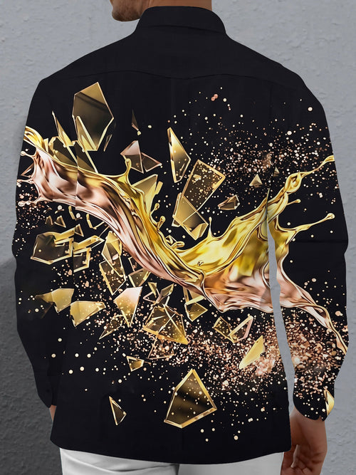 Oceanlyte Men's 3D 3D Gold Liquid Splash Print Long Sleeve Shirt with Chest Pocket