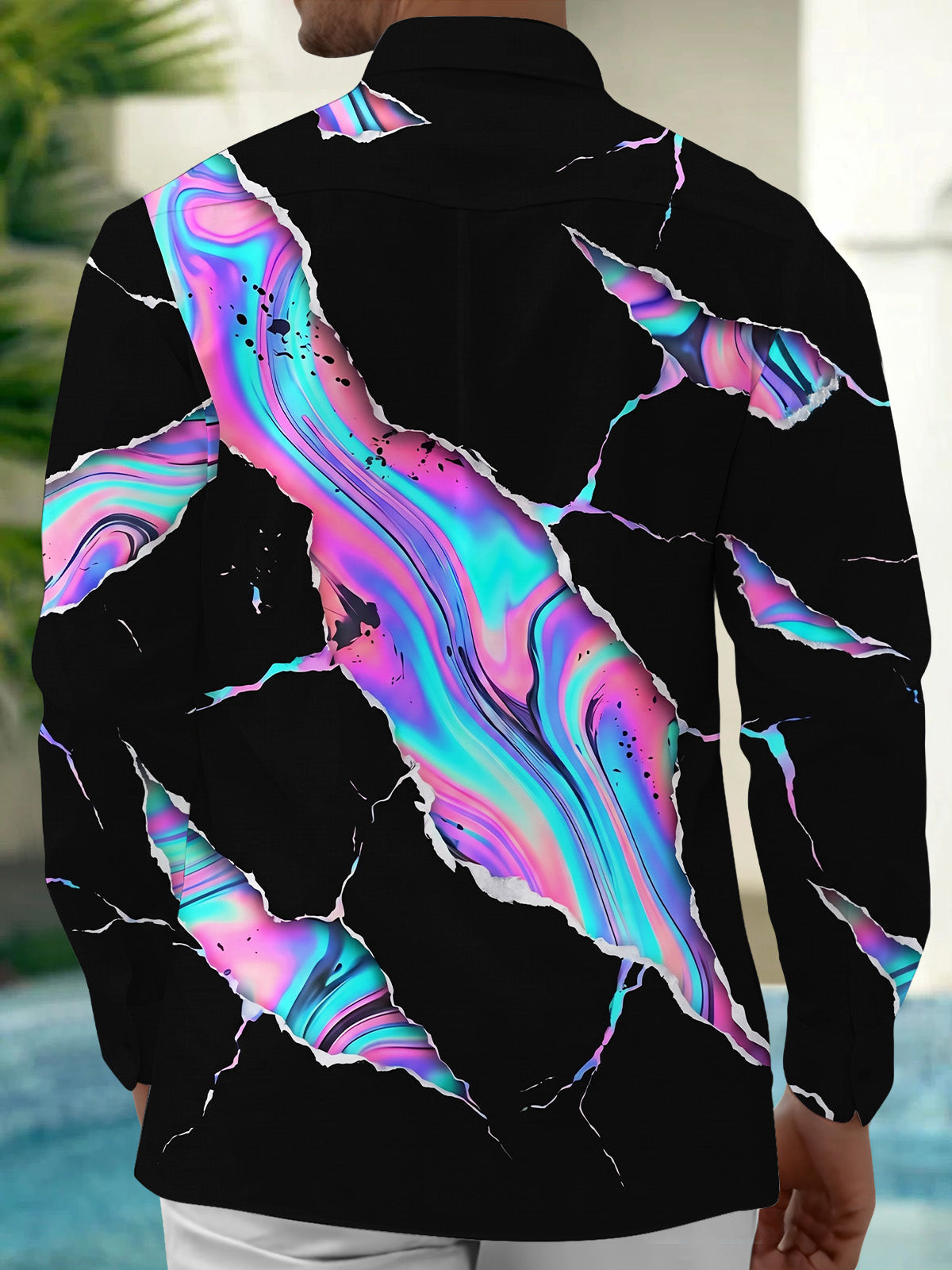 Oceanlyte Men's Long Sleeve Shirt - Abstract Psychedelic Swirls And Splatters Print with Chest Pocket