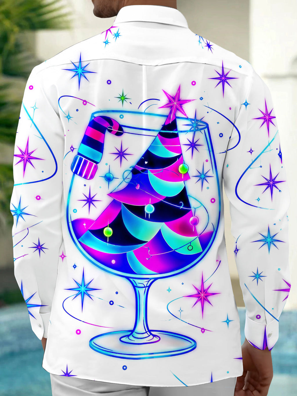 Oceanlyte Men's Neon Christmas Tree In Wine Glass Print Long Sleeve Shirt with Chest Pocket
