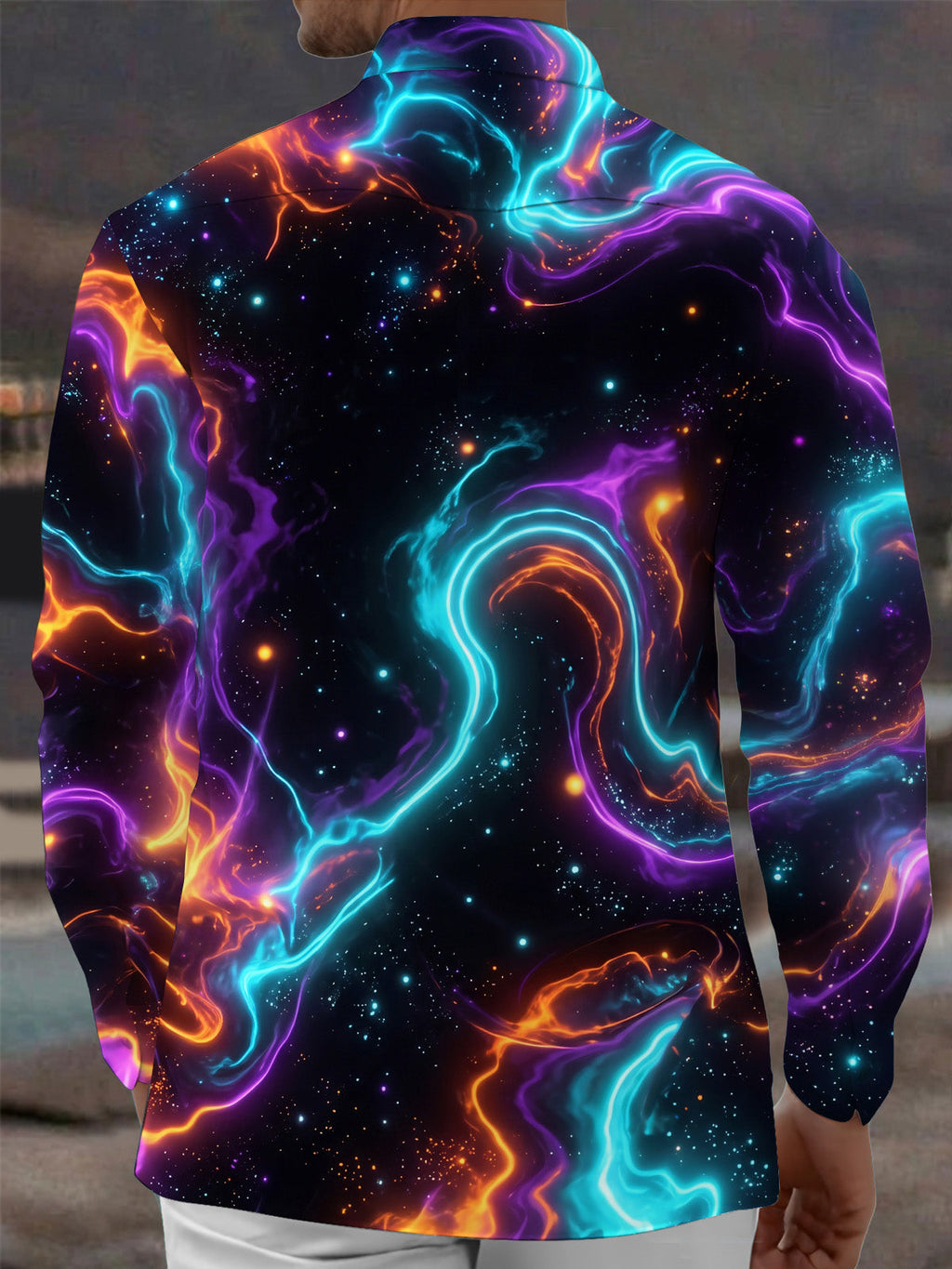 Oceanlyte Men's Long Sleeve Shirt - Abstract Cosmic Nebula And Swirling Colors Print with Chest Pocket