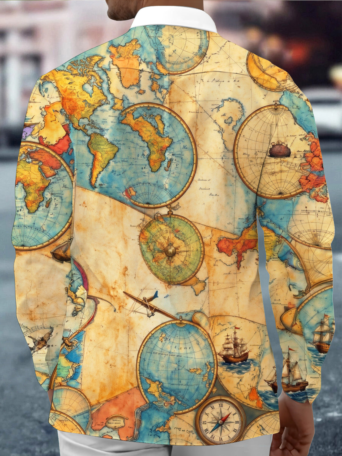 Oceanlyte Men's Vintage Map And Compass Print Long Sleeve Shirt with Chest Pocket