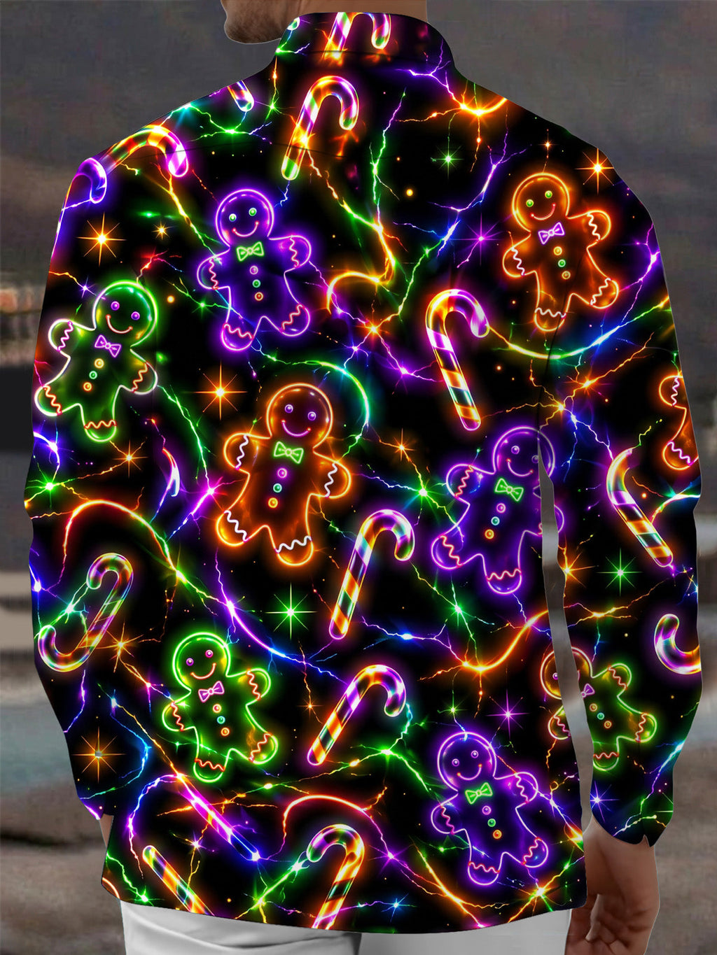 Oceanlyte Men's Graphic Neon Gingerbread Man Print Long Sleeve Shirt with Chest Pocket