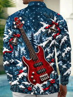 Oceanlyte Men's Long Sleeve Shirt - Christmas Snowy Forest And Holly Print Red Bass Guitar Print with Chest Pocket