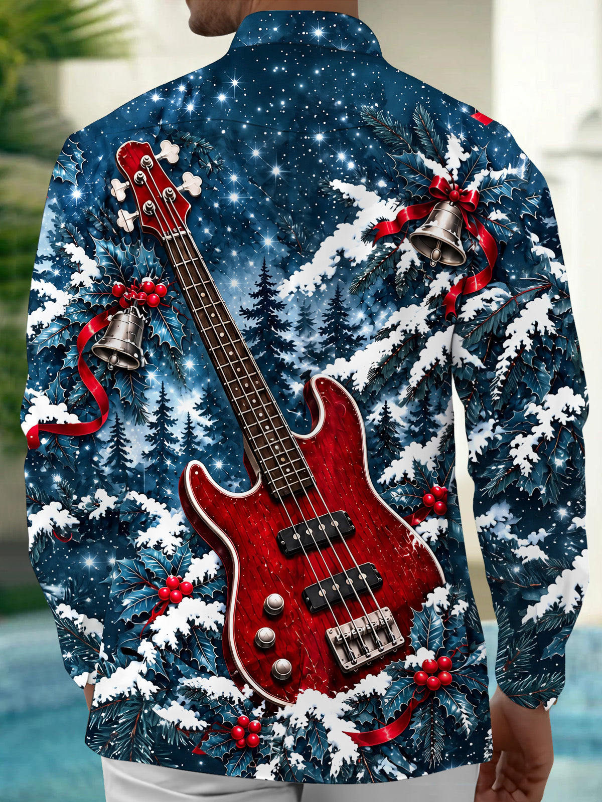 Oceanlyte Men's Long Sleeve Shirt - Christmas Snowy Forest And Holly Print Red Bass Guitar Print with Chest Pocket