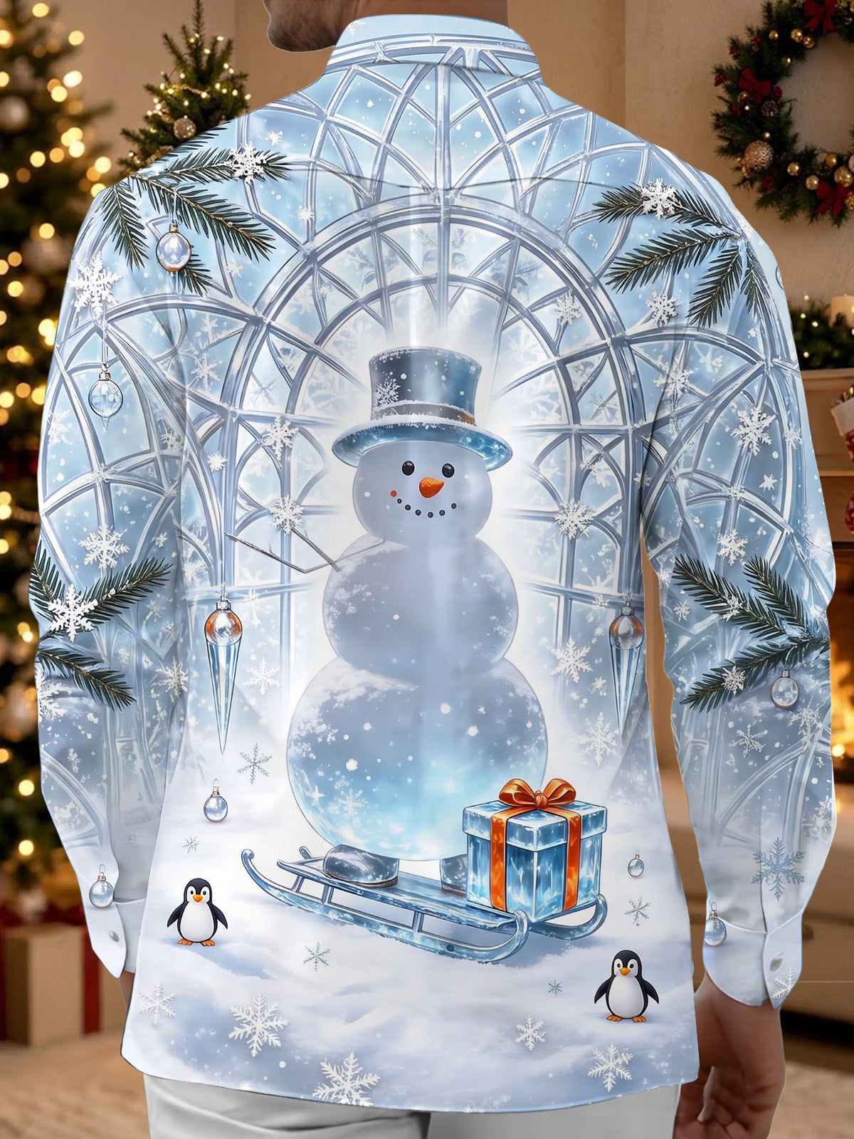 Oceanlyte Men's Graphic Christmas Snowman Print Penguin Print Long Sleeve Shirt with Chest Pocket