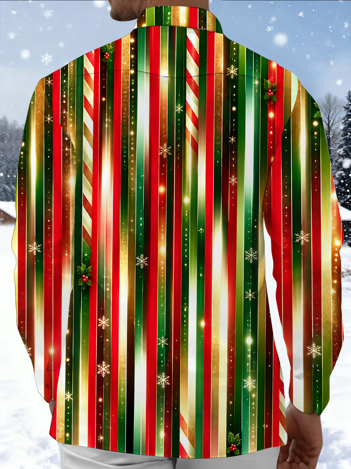 Oceanlyte Men's Striped Christmas Stripes Print Long Sleeve Shirt with Chest Pocket
