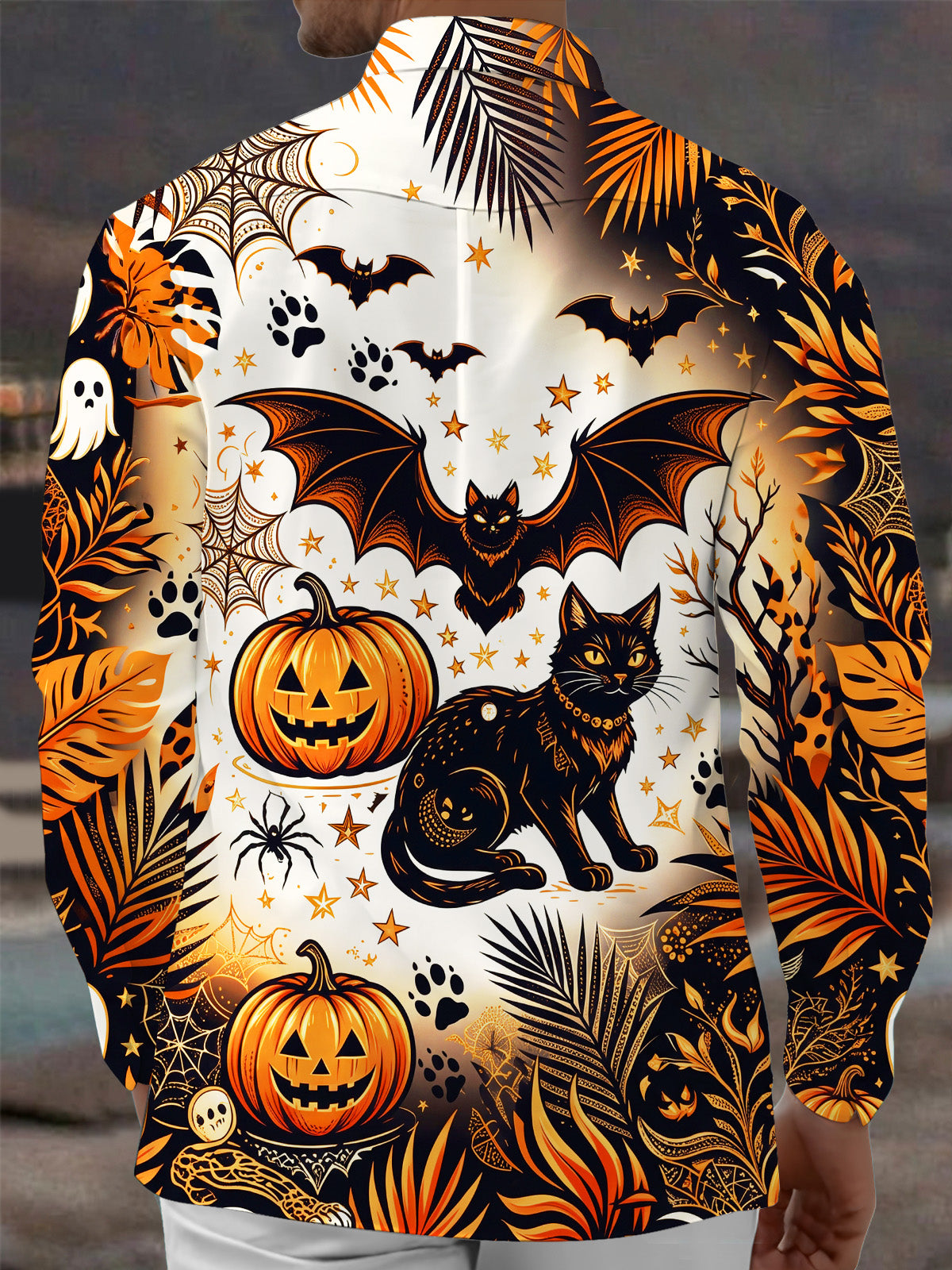 Oceanlyte Men's Halloween Black Cats And Pumpkins Print Long Sleeve Shirt with Chest Pocket