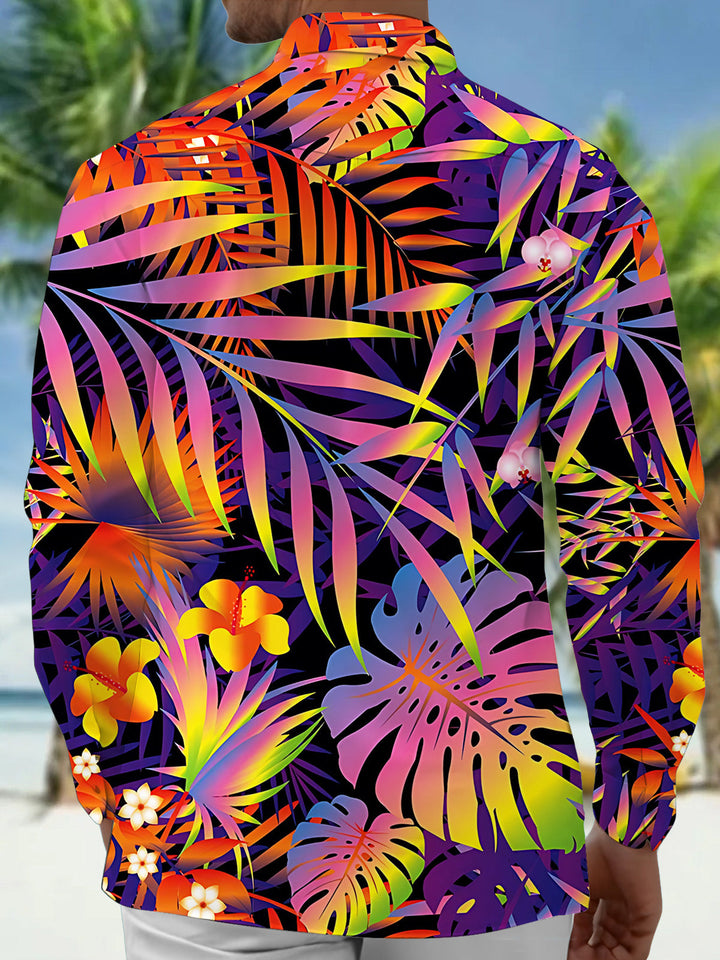 Oceanlyte Men's Neon Gradient Tropical Leaves Print Long Sleeve Shirt with Chest Pocket