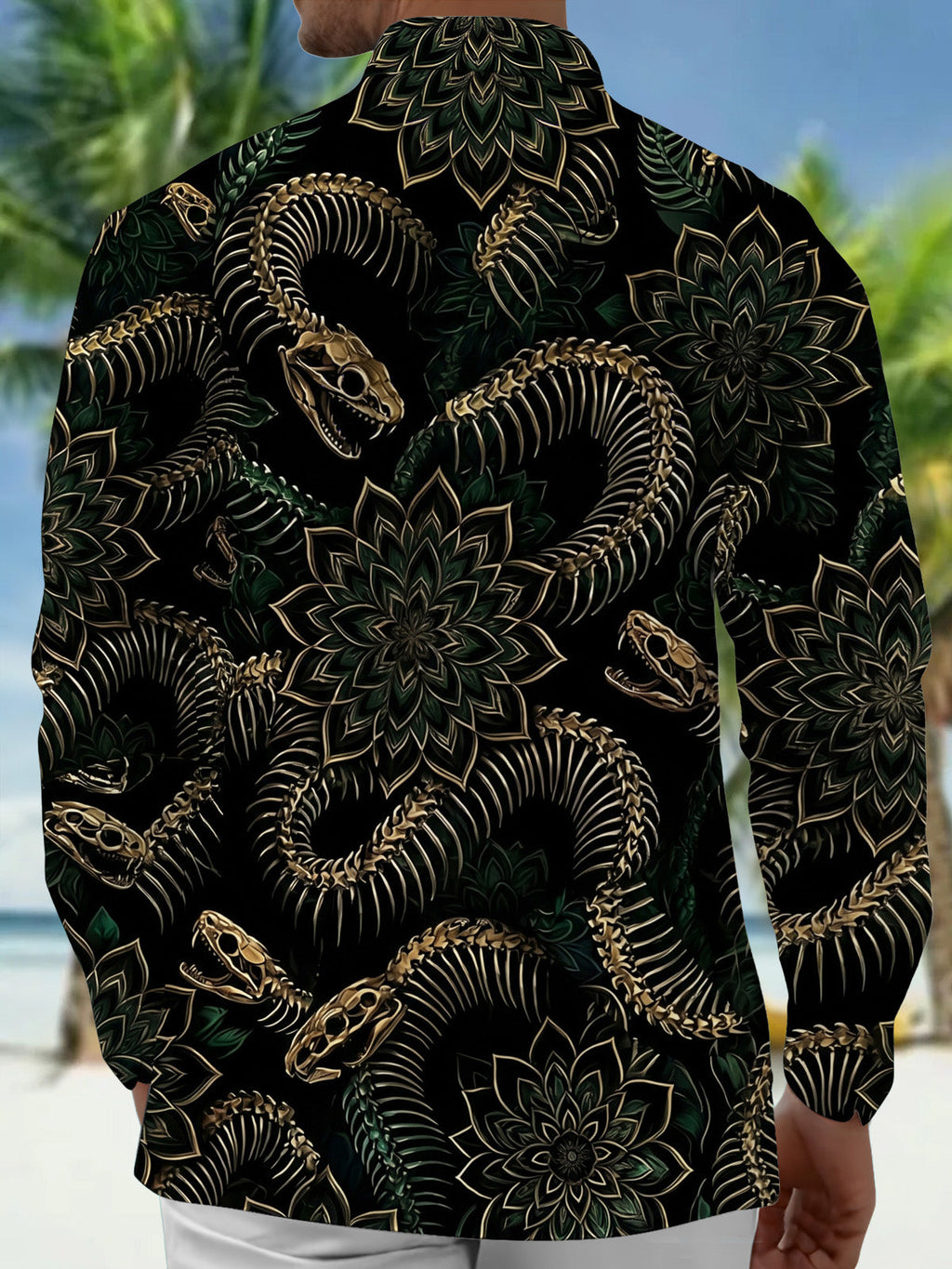 Oceanlyte Men's Snake Skeleton And Floral Mandala Print Long Sleeve Shirt with Chest Pocket