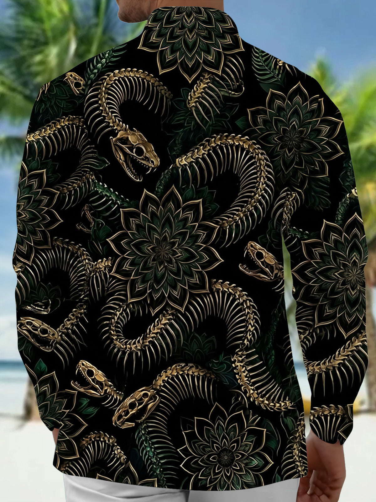 Oceanlyte Men's Snake Skeleton And Floral Mandala Print Long Sleeve Shirt with Chest Pocket