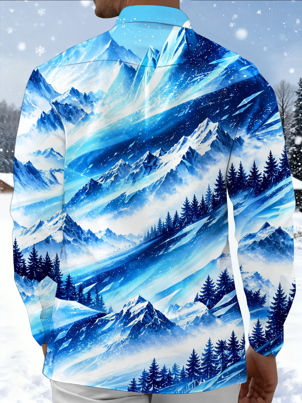 Oceanlyte Men's Printed Snowy Mountains And Pine Forest Print Long Sleeve Shirt with Chest Pocket