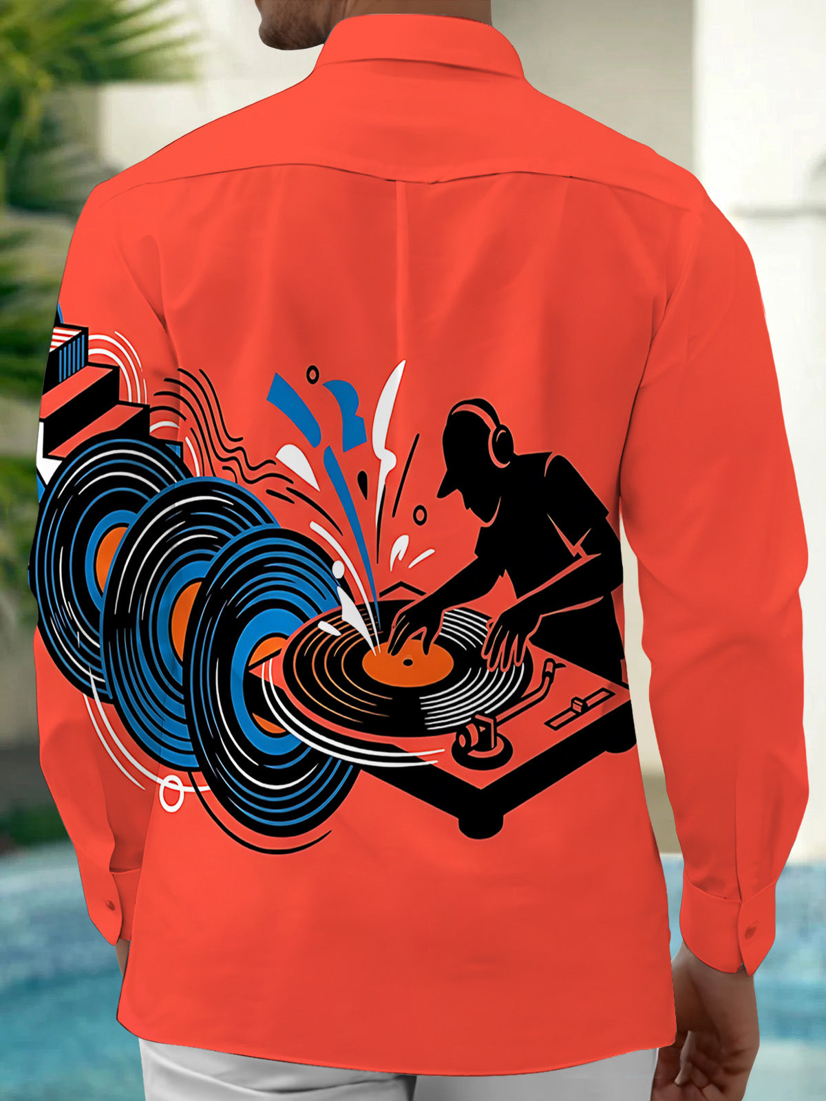 Oceanlyte Men's Graphic DJ Silhouette And Vinyl Records Print Long Sleeve Shirt with Chest Pocket