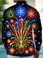 Oceanlyte Men's Long Sleeve Shirt - Christmas Fireworks Rockets And Ornaments Print with Chest Pocket
