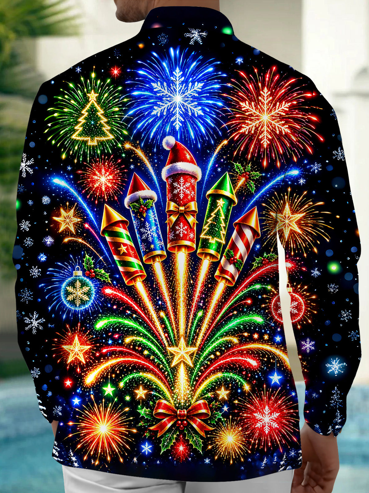 Oceanlyte Men's Long Sleeve Shirt - Christmas Fireworks Rockets And Ornaments Print with Chest Pocket