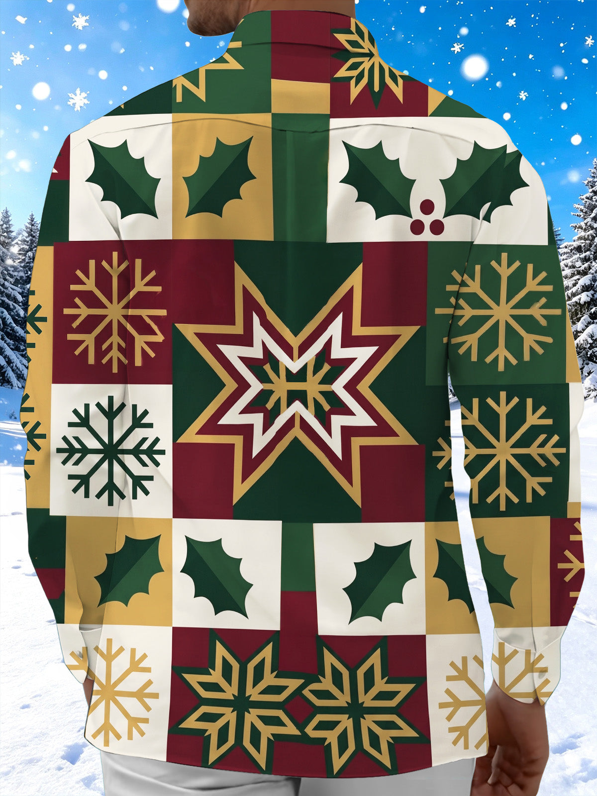 Oceanlyte Men's Long Sleeve Shirt - Christmas Patchwork With Holly Leaves And Snowflakes Print with Chest Pocket