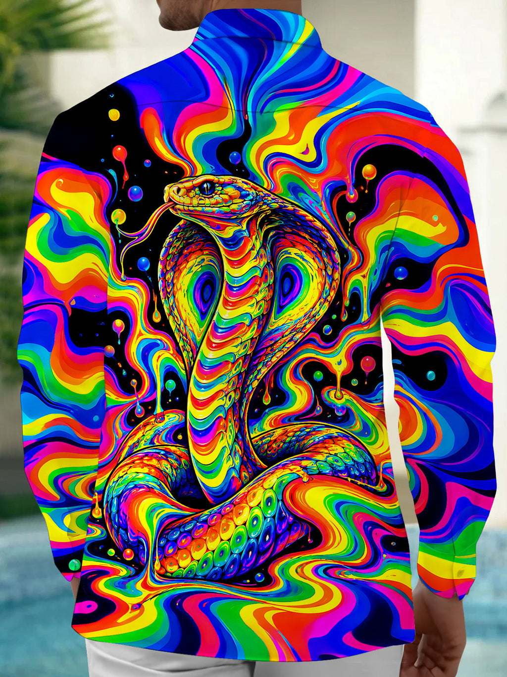 Oceanlyte Men's Printed Colorful Psychedelic Cobra Print Long Sleeve Shirt with Chest Pocket