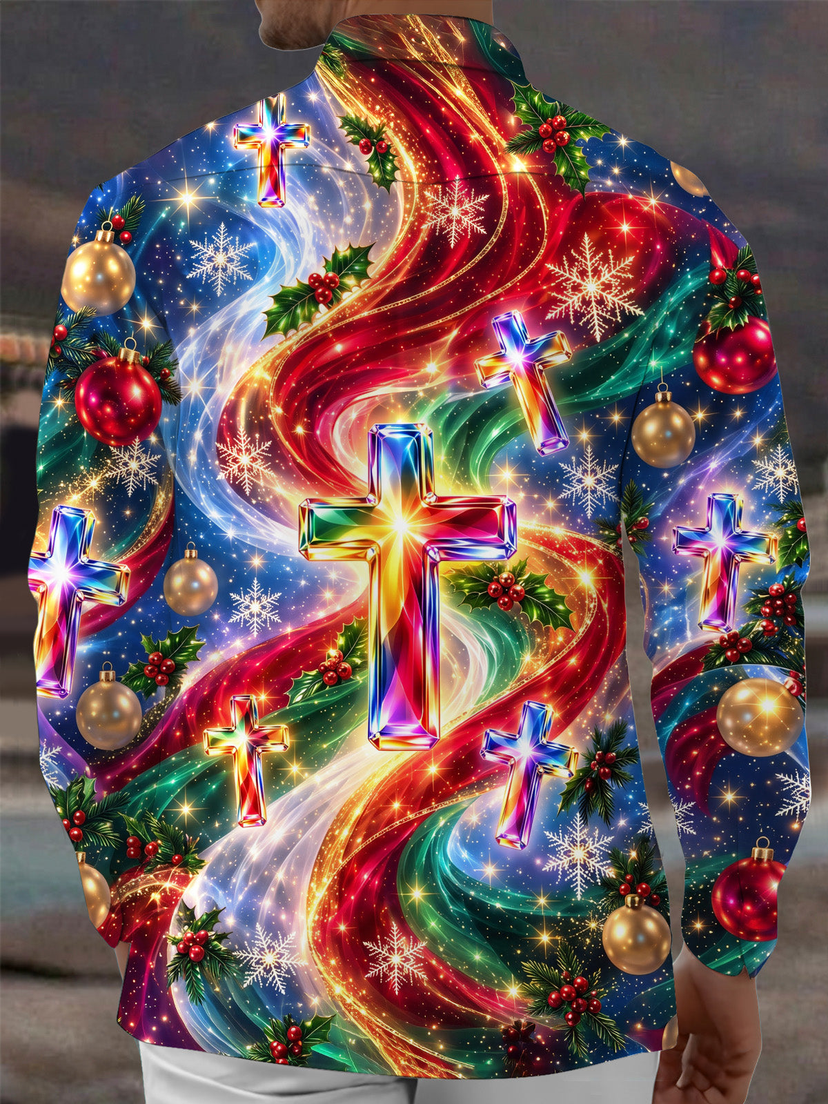 Oceanlyte Men's Long Sleeve Shirt - Colorful Crystal Crosses And Christmas Ornaments Print with Chest Pocket