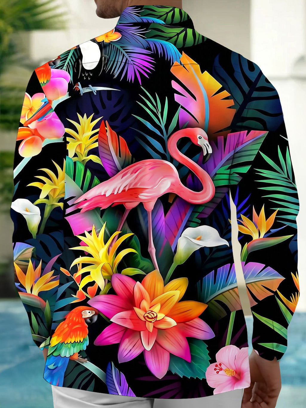 Oceanlyte Men's Hawaiian Flamingo Print Tropical Flowers Print Long Sleeve Shirt with Chest Pocket