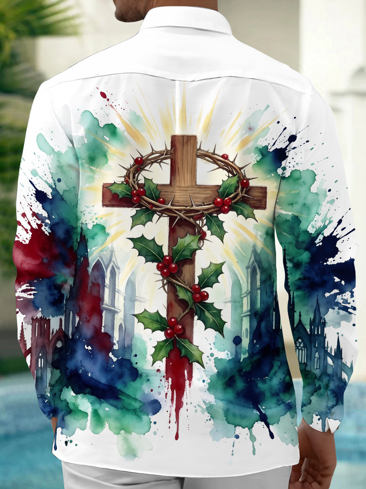 Oceanlyte Men's Long Sleeve Shirt - Christmas Religious Cross With Crown Of Thorns And Holly Print with Chest Pocket