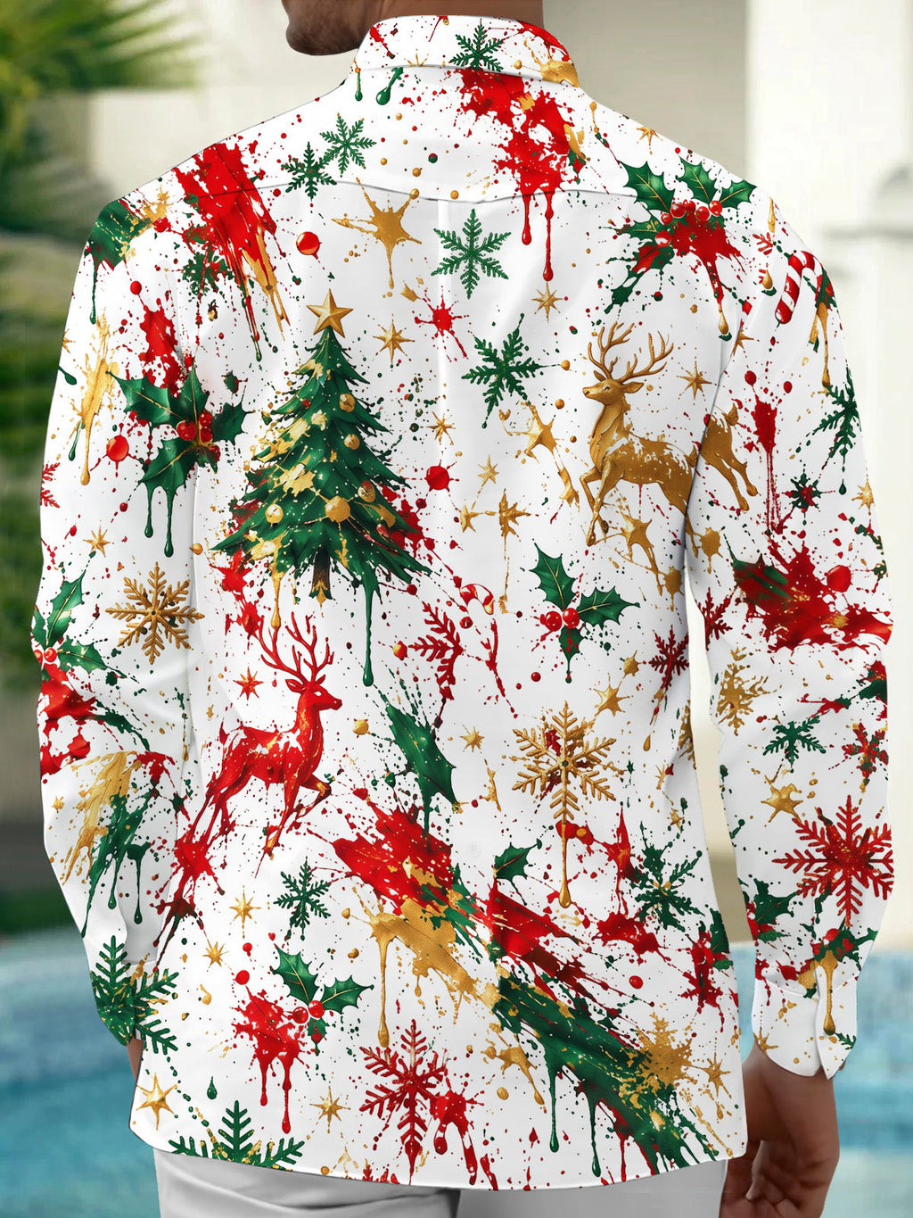 Oceanlyte Men's Printed Christmas Tree And Reindeer Print Long Sleeve Shirt with Chest Pocket