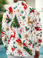 Oceanlyte Men's Printed Christmas Tree And Reindeer Print Long Sleeve Shirt with Chest Pocket