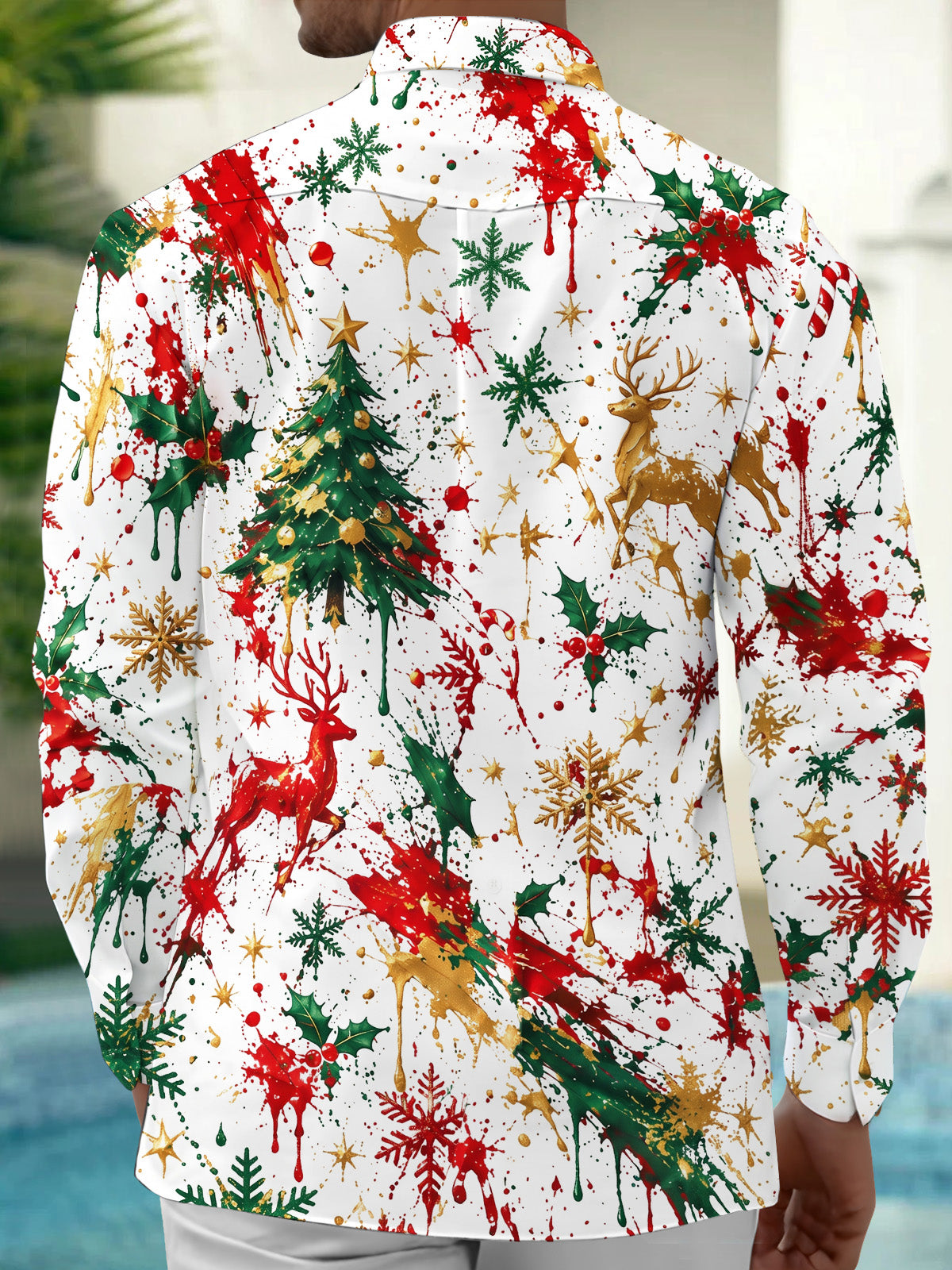 Oceanlyte Men's Printed Christmas Tree And Reindeer Print Long Sleeve Shirt with Chest Pocket