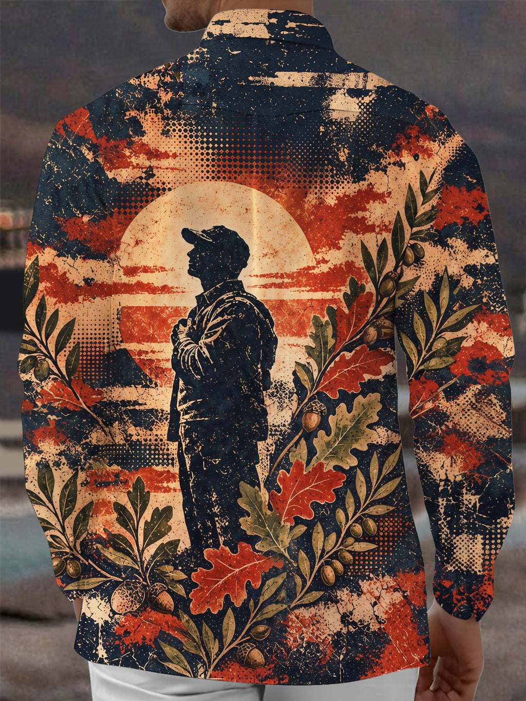 Oceanlyte Men's Long Sleeve Shirt - The "Fields of Victory" Soldier Silhouette And Oak Leaves Print with Chest Pocket