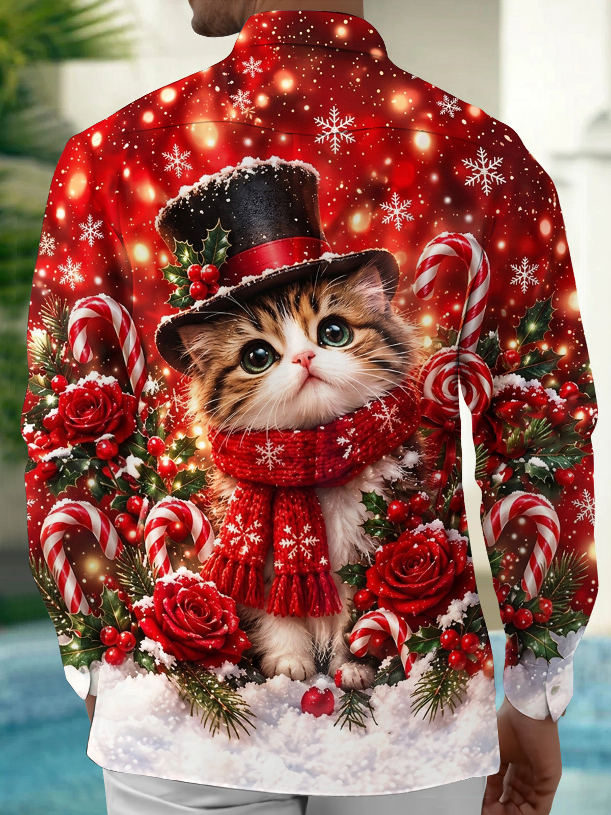 Oceanlyte Men's Christmas Cat With Top Hat And Scarf Print Long Sleeve Shirt with Chest Pocket