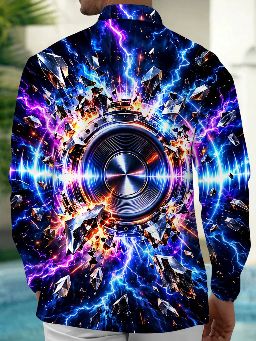 Oceanlyte Men's Long Sleeve Shirt - 3D Speaker With Lightning And Shattered Crystals Print with Chest Pocket