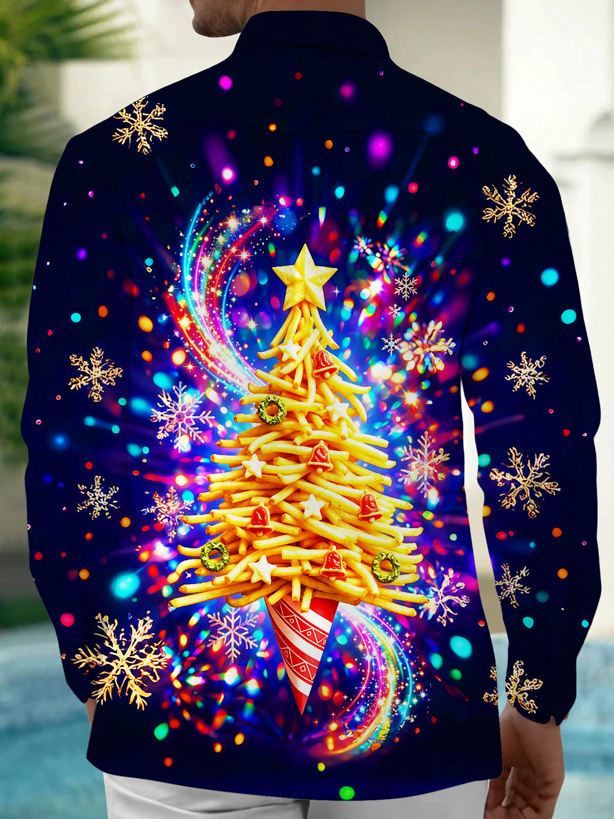 Oceanlyte Men's Graphic French Fries Christmas Tree Print Long Sleeve Shirt with Chest Pocket