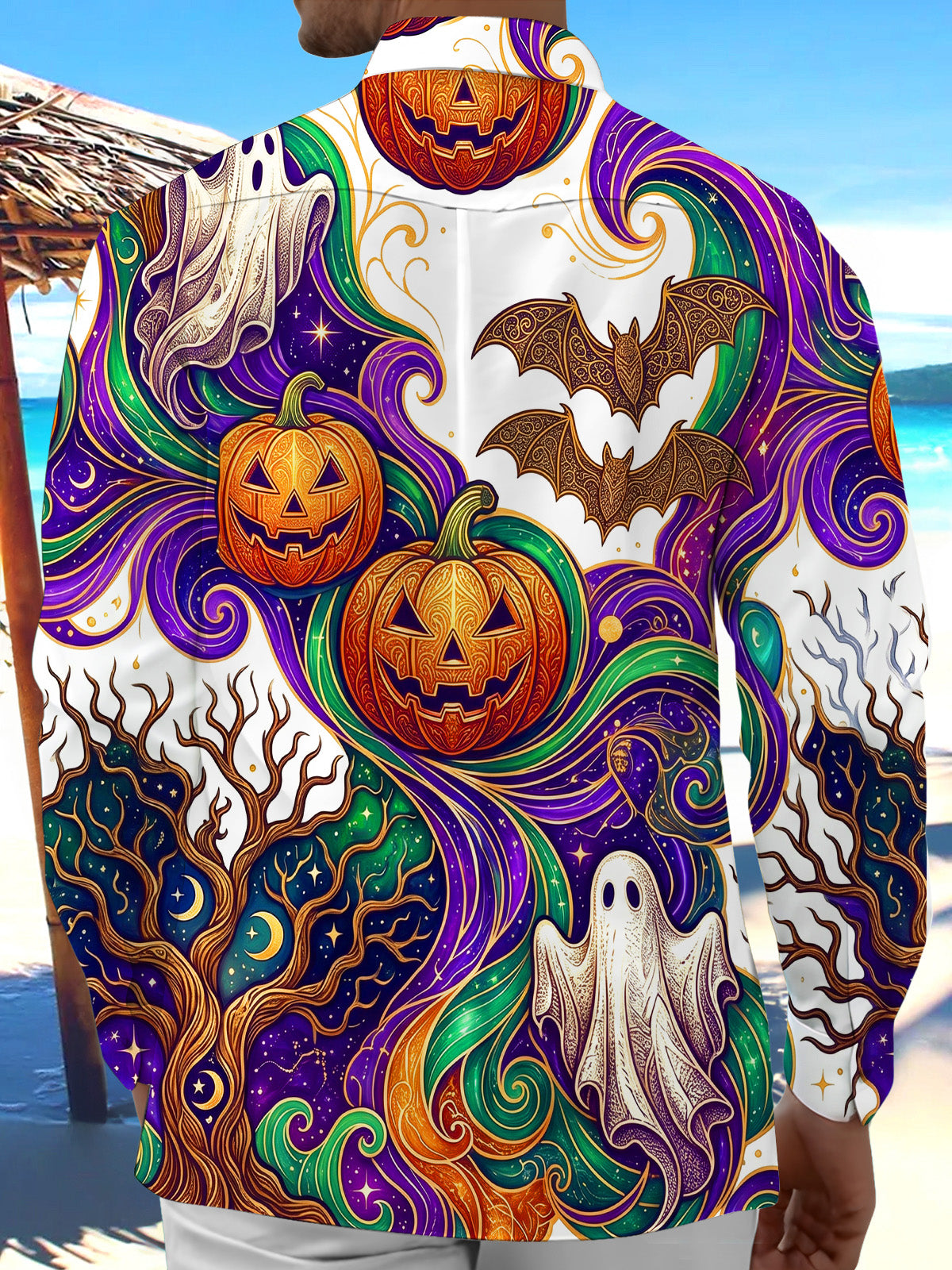 Oceanlyte Men's Graphic Halloween Pumpkins Print Ghosts Print Long Sleeve Shirt with Chest Pocket