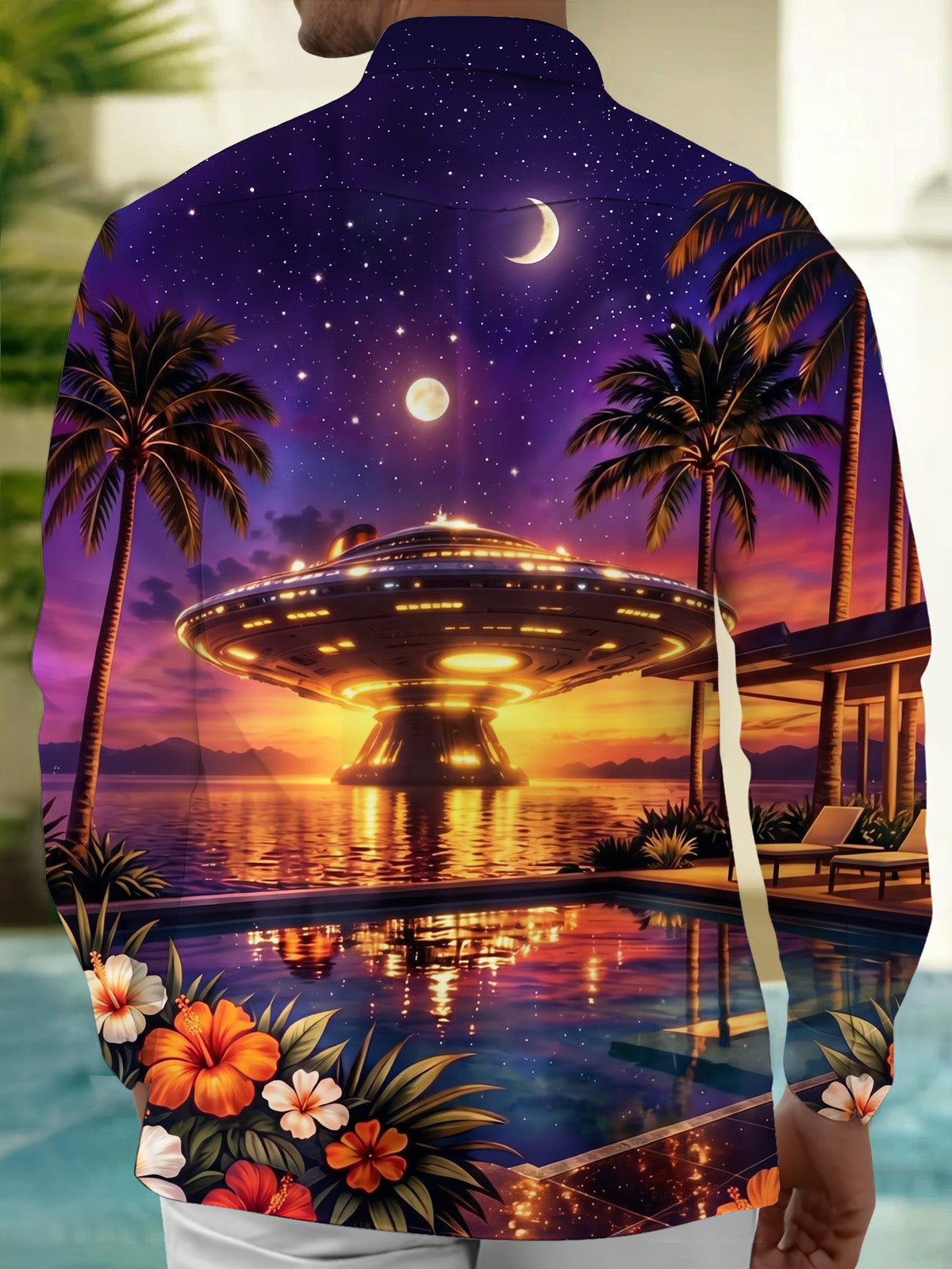 Oceanlyte Men's Hawaiian UFO Night Sky Print Palm Trees Print Long Sleeve Shirt with Chest Pocket