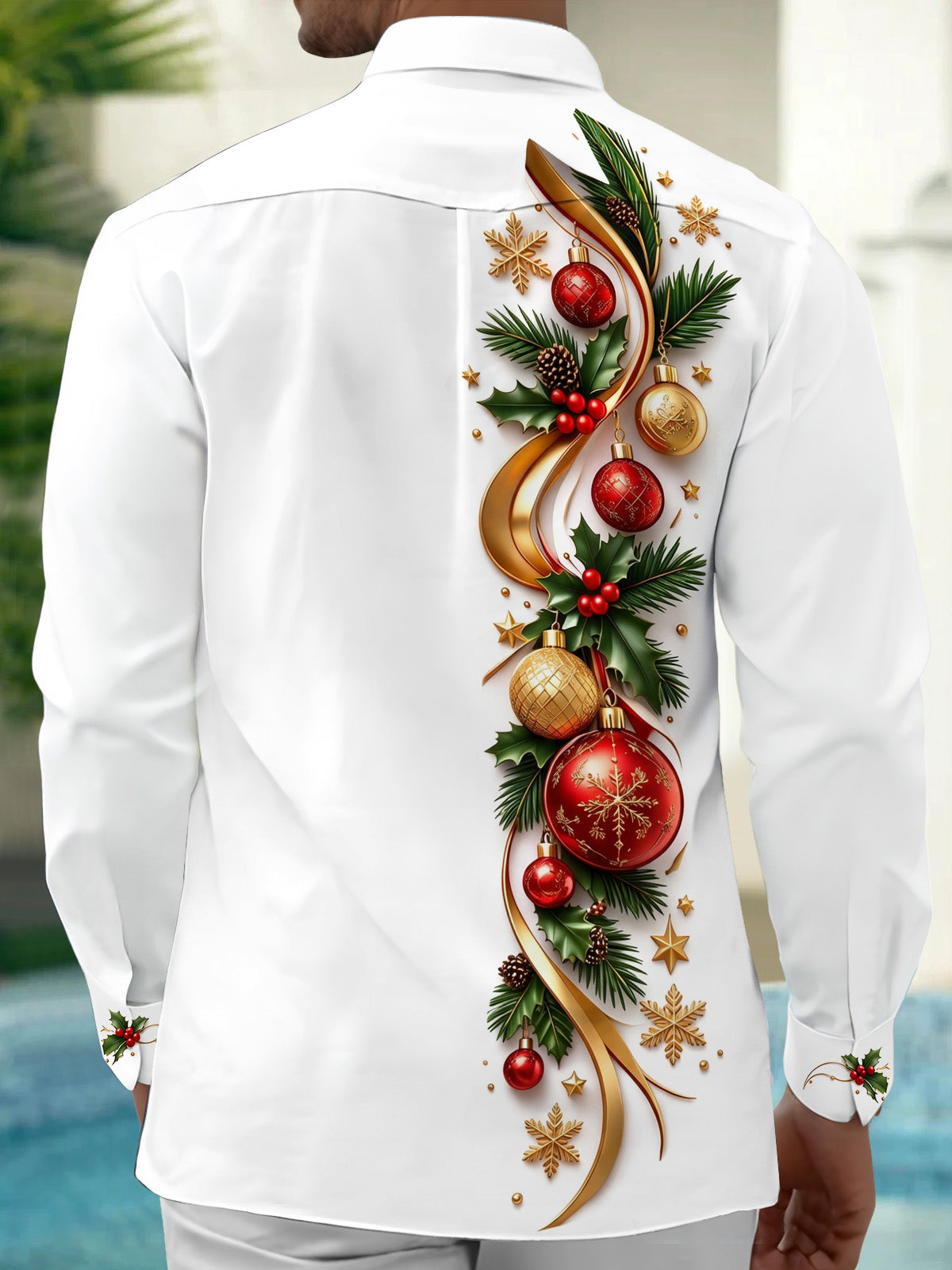 Oceanlyte Men's Printed Christmas Ornaments And Bells Print Long Sleeve Shirt with Chest Pocket